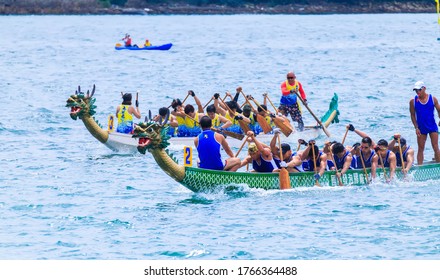 Hong Kong-JUN 30 2020:Dragon Boat Races the real highlight of the festival is the fierce-looking dragon boats racing in a lively, colourful spectacle.Dragon boat racing festival in Hong Kong