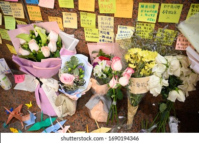 HONG KONG,QueenElizabethHospital,2019Nov13,armed Police Force Rioter Kill Innocent Student Mr.Alex Chow Tsz-Lok,Lennon Wall With Artwork & Message Memo Paper,for Memorial His Death By Illegal Violence