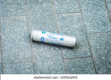 HongKong - November, 2019:  Cs Gas Can On Floor, Tear Gas Projectile Used As Anti Riot Weapon During The 2019 HongKong Protests