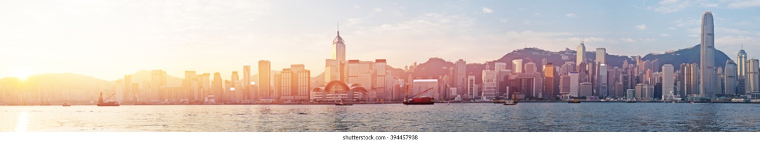 Hongkong Skyline In Sunrise View Panorama