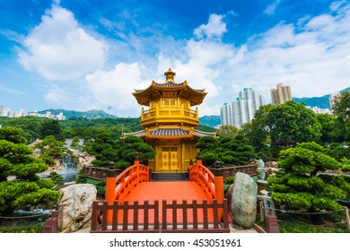 Hongkong Temple Pavilion Of Absolute Perfection In The Nan Lian Garden With River, Hong Kong.