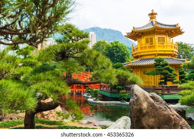 Hongkong Temple Pavilion Of Absolute Perfection In The Nan Lian Garden With River, Hong Kong.