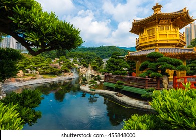 Hongkong Temple Pavilion Of Absolute Perfection In The Nan Lian Garden With River, Hong Kong.