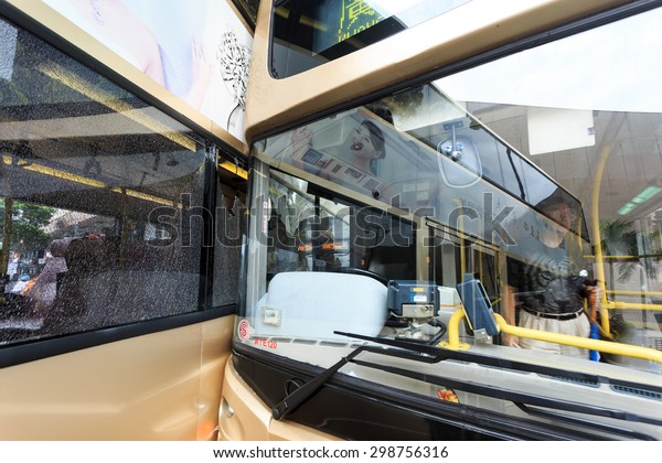 Hongkong,China-June 13,2015:Two bus crashed and\
badly damaged in hong\
kong.
