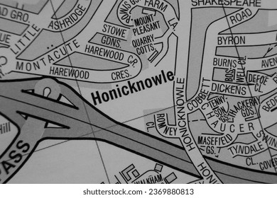 Honicknowle, Devon, England, United Kingdom atlas map town name in black and white - Shutterstock ID 2369880813