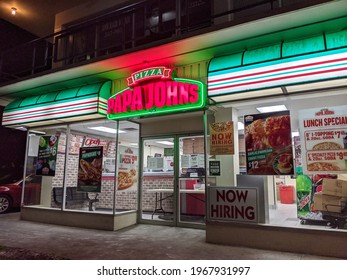 HONOLULU - APRIL 18: Papa John's Pizza Store Front In Honolulu - April 9, 2020.  Papa John's Pizza Entrance At Night.  Papa John's Pizza Is An American Restaurant.