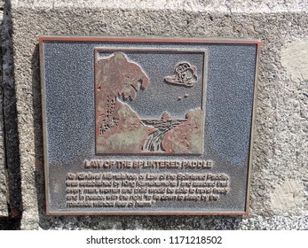 Honolulu - August 6, 2017: Law Of The Splintered Paddle - Plaque.  Established By 