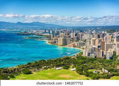 Honolulu city view from Diamond Head lookout, Waikiki beach landscape background. Hawaii travel.