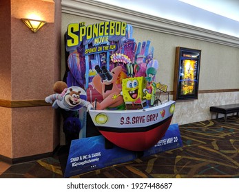 Honolulu - February 21, 2020:  The Spongebob Movie: Sponge on the Run Pop-Up Movie Poster and Jungle Cruise inside Regal Movie Theater. 