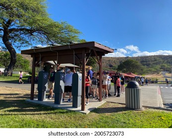 Honolulu, Hawaii 7-2-21  Visitors To Diamond Head Park Waiting To Purchase Tickets From Electronic Ticket Machines To Hike The Summit At Diamond Head