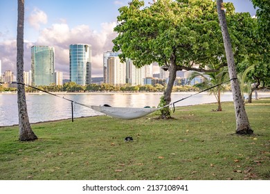 Honolulu, Hawaii - circa February 2022: A person rests in a hammock at Ala Moana Beach Park, with the harbor and city skyline beyond.