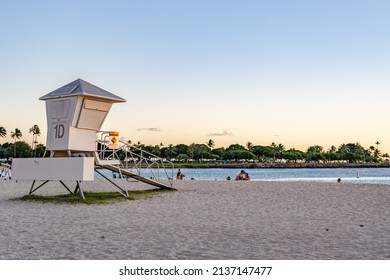 Honolulu, Hawaii - circa February 2022: A lifeguard stand at Ala Moana Beach Park.