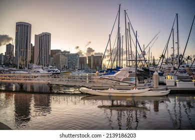 Honolulu, Hawaii - circa February 2022: Boats in the harbor at Ala Moana.