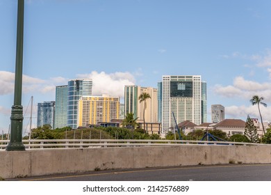 Honolulu, Hawaii - circa February 2022: The beautiful city skyline from Ala Moana harbor.