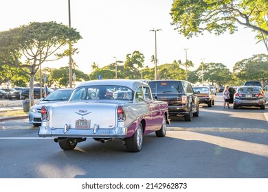 Honolulu, Hawaii - circa February 2022: A classic car on display out cruising at Ala Moana park on the weekend.