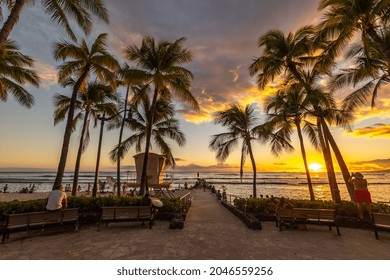 HONOLULU, HAWAII - CIRCA SEPTEMBER 2021: Waikiki beach sunset