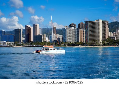 Honolulu, Hawaii - February 10, 2022 : Waikiki Beach Seen From A Boat Off Honolulu In Hawaii - Modern American City On A Volcanic Island In The Middle Of The Pacific Ocean