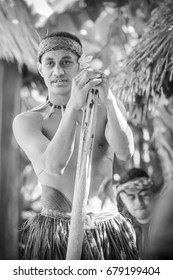 Honolulu, Hawaii - May 27, 2016:Close Up Black And White Image Of A Samoan Man At The Polynesian Cultural Center.