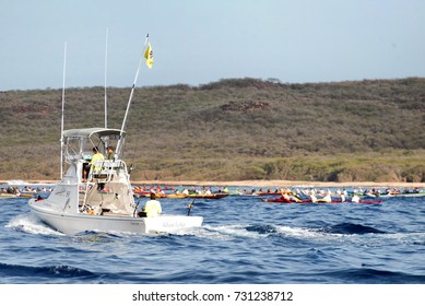 HONOLULU, HAWAII - OCT 8: Scenes from the Moloka'i Hoe outrigger canoe race on October 8, 2017. The annual race crosses the Kaiwi channel and is the largest canoe race, attracts competitors worldwide.