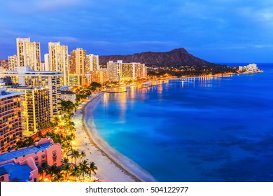 Honolulu, Hawaii. Skyline of Honolulu, Diamond Head volcano including the hotels and buildings on Waikiki Beach.