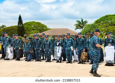 Honolulu, Hawaii, United States - August 2016: U.S. Navy American Soldiers Of USS Missouri CPO Legacy Academy In Battleship Missouri Memorial. Chief Petty Officer Leadership Training In Pearl Harbor.