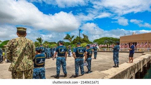 Honolulu, Hawaii, United States - August 2016: U.S. Navy American Soldiers Of USS Missouri CPO Legacy Academy In Battleship Missouri Memorial. Chief Petty Officer Leadership Training In Pearl Harbor.