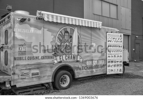 Honolulu, Hawaii, USA. \
Apr. 14, 2019.  Upscale Hawaiian Plate-Lunch food truck  serving a\
variety of island favored foods and drinks for breakfast, lunch,\
and dinner.