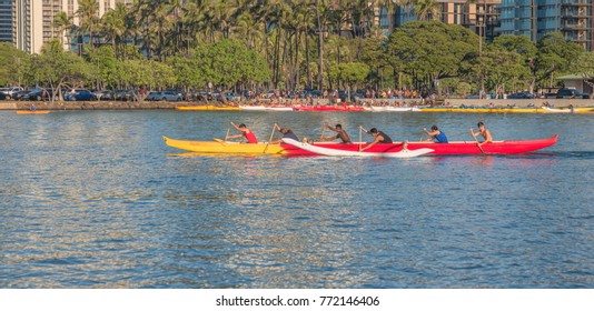 Honolulu, Hawaii, USA, Dec. 11, 2017.  Christmas Season Hawaiian outrigger canoe race regatta in the Ala Wai Harbor.
