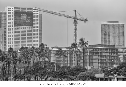 Honolulu, Hawaii, USA, Feb. 23, 2017:  Tropical rain shower above the construction site at Ala Moana Shopping Center.