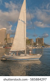 Honolulu, Hawaii, USA, Feb. 23, 2017:  Hawaiian Female Sailing Team Heading Out To The Waters Of Waikiki For A Practice Race.