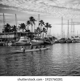 Honolulu, Hawaii, USA.  February 27, 2021.  Opening Day for outrigger canoe racing after the year of covid virus lockdown.