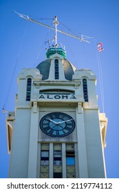 Honolulu, Hawaii, USA.  February 7, 2022.  Vertical view of Aloha Tower  at the entrance to Honolulu Harbor, for use as a postcard.