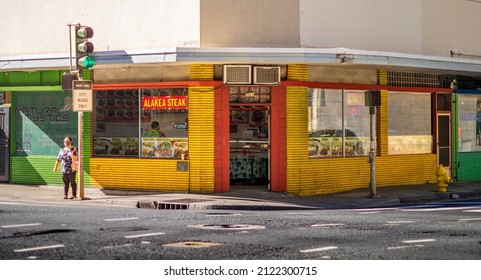 Honolulu, Hawaii, USA.  February 9, 2022.  Downtown Lunch Shops With Take Out Food.  