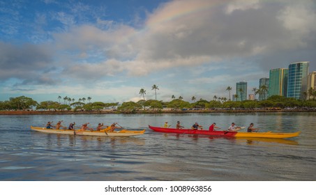 Honolulu, Hawaii, USA, Jan. 24, 2018.  Winter morning Outrigger Canoe Race in Waikiki.