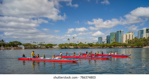 Honolulu, Hawaii, USA, Jan. 4, 2018.  Womens Outrigger Canoe League practicing for a Winter race regatta.