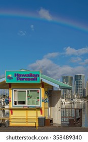 Honolulu, Hawaii, USA, Jan 5, 2016:  Small Business In Waikiki That Offers Parasail Rides.  Boat Rides Are A Popular Tourist Attraction In Hawaii.