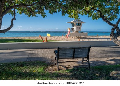 Honolulu, Hawaii, USA.  January 4, 2021.  Shaded ocean view of Ala Moana Beach and the corona virus ends in the Hawaiian Islands. 