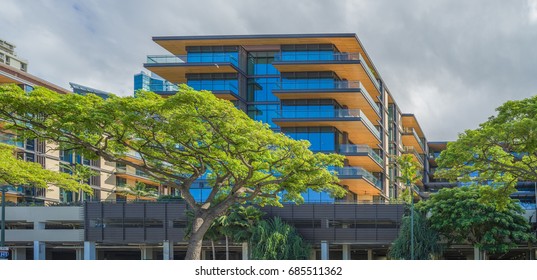 Honolulu, Hawaii, USA, July 28, 2017:  Window washing at the new Ala Moana Shopping Center Condominiums nearing completion.