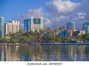 Honolulu, Hawaii, USA, July, 31, 2017:  Morning view of the Ala Moana District with new condominiums nearing completion at the expanding Ala Moana Shopping Center.