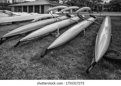 Honolulu, Hawaii, USA.  June 13, 2020.  Outrigger canoes stored upside down ready for paddlers to carry them to the lagoon