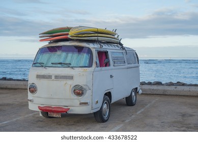 Honolulu, Hawaii, USA, June 8, 2016:  Old Surfing Van With Vintage Surfboards At Kaiser's Surfing Beach In Waikiki.