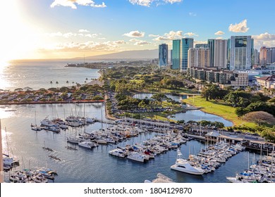 Honolulu, Hawaii / USA - March 23, 2019; Just a view overlooking the Waikiki Yacht Club and Ala Moana Beach Park on late sunny afternoon.