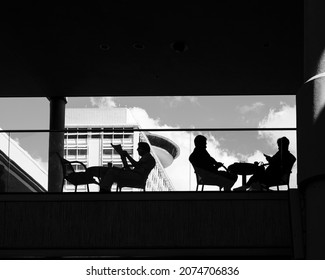 Honolulu, Hawaii, USA.  November 14, 2021.  People having a rooftop coffee at Ala Moana Center in Waikiki.