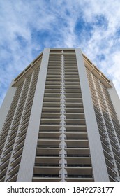 Honolulu, Hawaii, USA.  November 7, 2020. Vacant Hotel Tower In Waikiki With Sky Above As The Corona Virus Plague Continues.