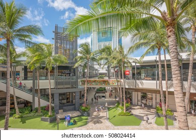 Honolulu, Hawaii, USA, Oct. 31, 2016:  Panorama view of the new Ala Moana Shopping Center with a cloudscape background.
