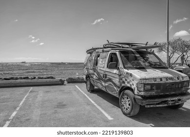 Honolulu, Hawaii, USA.  October 27, 2022.  Vintage Surfing Van With Surfboards In Waikiki.