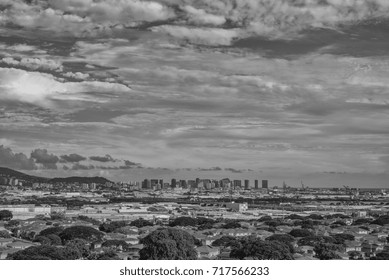 Honolulu, Hawaii, USA, Sept.  18, 2017:  Tropical Clouds Above The Greater Honolulu Area With Punch Bowl National Monument At Picture Left.