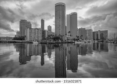 Honolulu, Hawaii, USA.  Sept 28, 2019.   Monochrome view of skyscraper density and the rising sea level in Waikiki as global warming and climate change threatens the existence of the Hawaiian Islands.