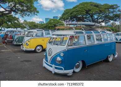 Honolulu, Hawaii, USA, Sept. 9, 2017:  Panorama view of restored cars and trucks at the 2017 Air Cooled Car and Van Show in Ala Moana Regional Park.