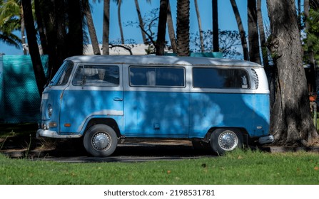 Honolulu, Hawaii, USA.  September 6, 2022.  Vintage Surfing Van Parked On Diamond Head Road In Waikiki.